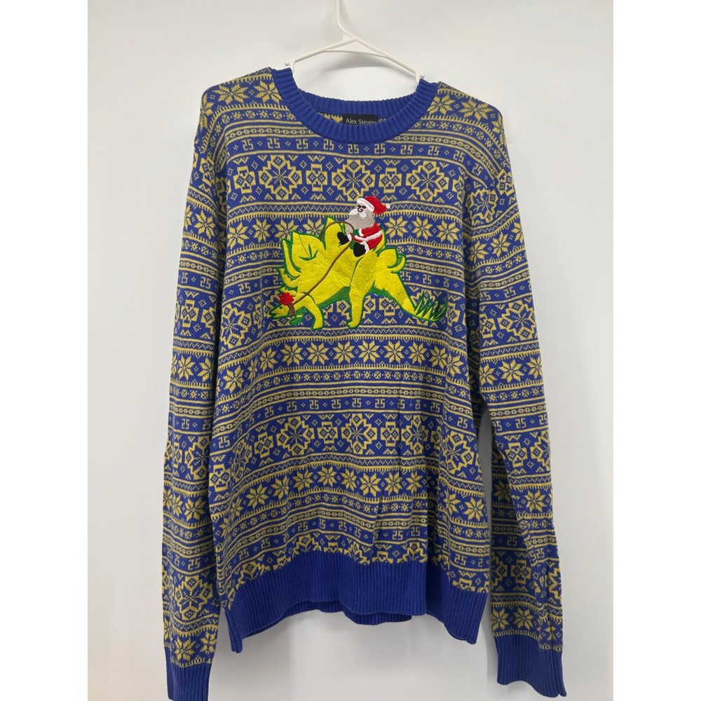 Alex Stevens Mens Santa Riding Stegosaurus Dinosaur Ugly Christmas SweaterBlue L